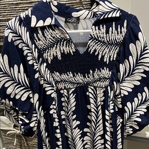 Navy and White Leaf Print Dress